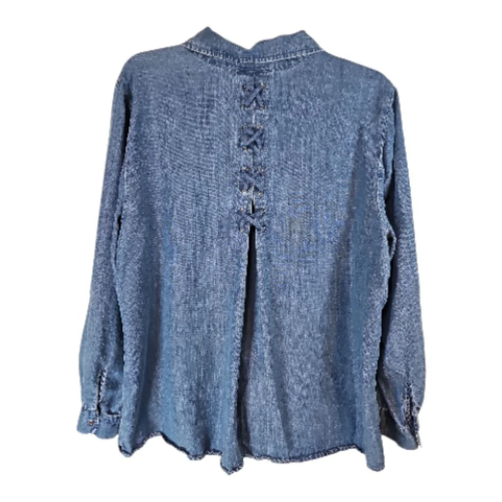 Style & Co Blue Chambray Floral Embroidered Denim Button Down Shirt XL - Picture 6 of 7